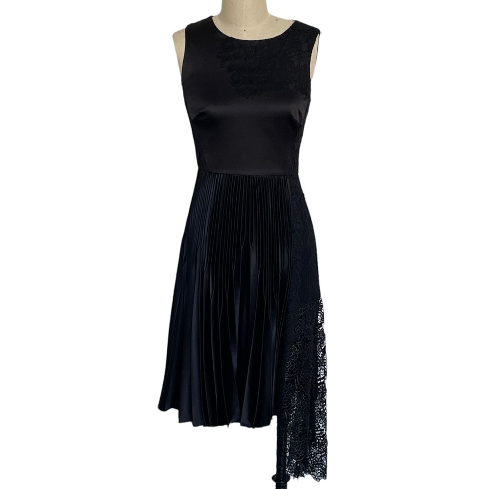 Karen Millen Black Dress with Pleated Asymmetrical Skirt and Lace Detail Size 4